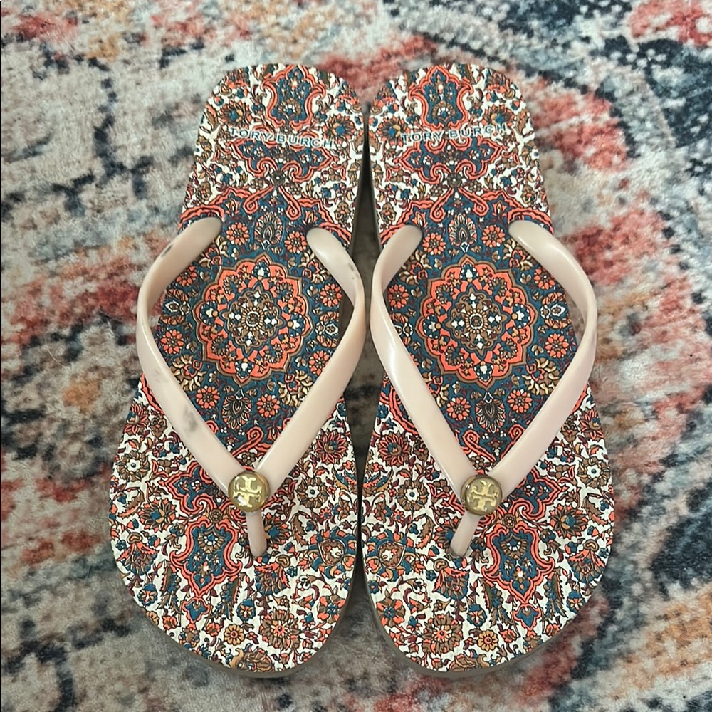 Tory Burch Rose Gold Sandals with Bohemian Pattern